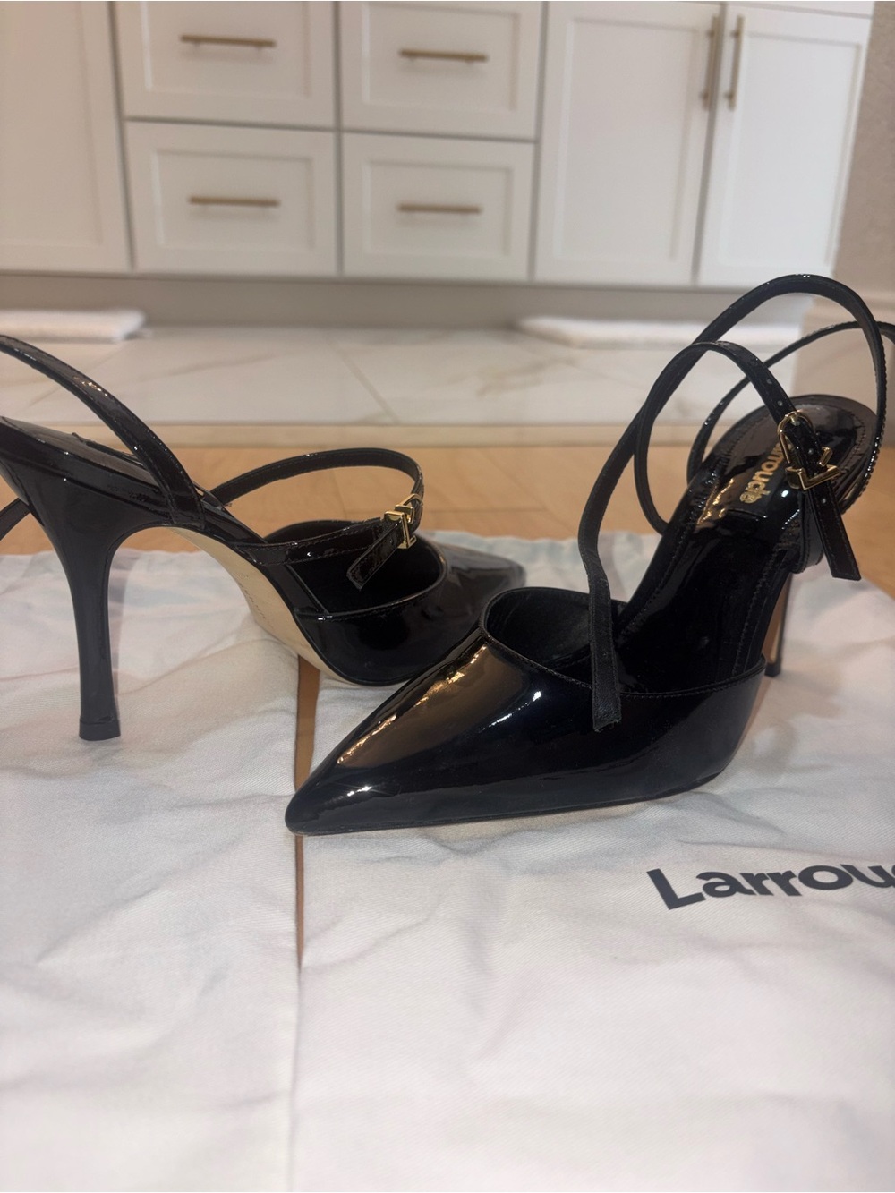 Larroude Black Patent Pointed Ankle-Strap Heels
